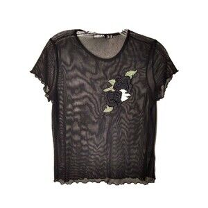 Blak Atelier Black Rose Embroidered Sheer Mesh Vintage Y2K Blouse LG